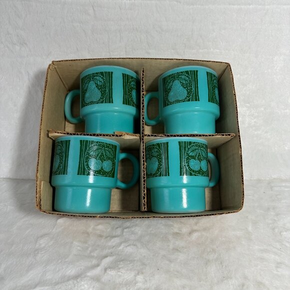 4 Vintage Teal Blue Stackable Coffee Mug Cups Turquoise Hazelware Fruit W6809 - Picture 12 of 12